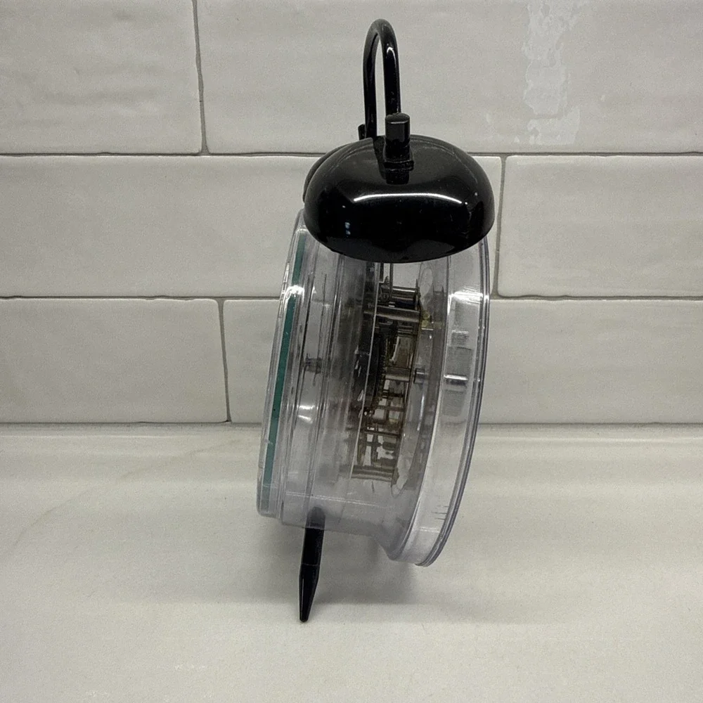 Vintage Wind Up Skeleton Alarm Clock Clear Acrylic Case Twin Bell Mechanical HTF